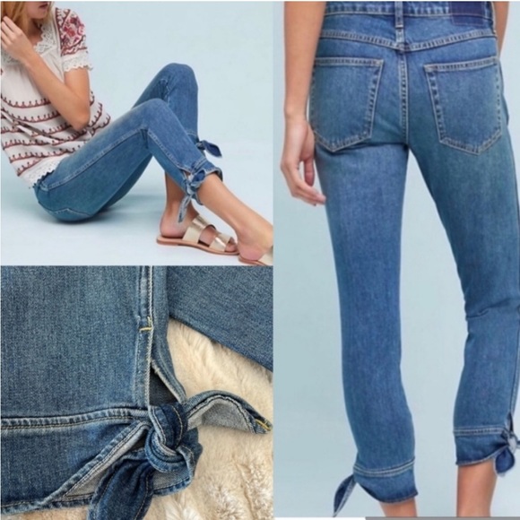 AMO Ankle Tie Medium Blue Vintage Wash‎ Stretch Mid Rise Cropped Skinny Jeans - Picture 1 of 11